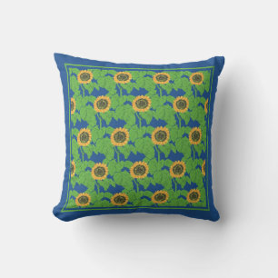 Blommönstret Golden Sunwers på Bright Blue Kudde