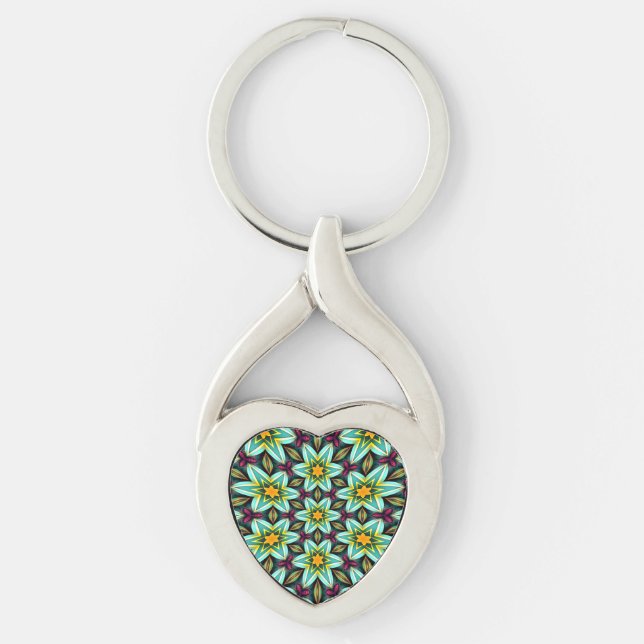 Blommönstret grönt Stars Twisted Heart Silverfärgad Nyckelring (Framsidan)