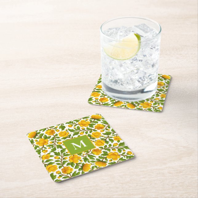 Blommönstret gult - Personlig Monogram Underlägg Papper Kvadrat (Insitu)