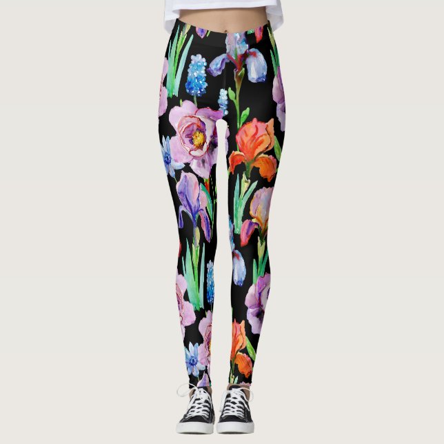 Blommönstret Iris Peony Watercolor Leggings (Framsida)