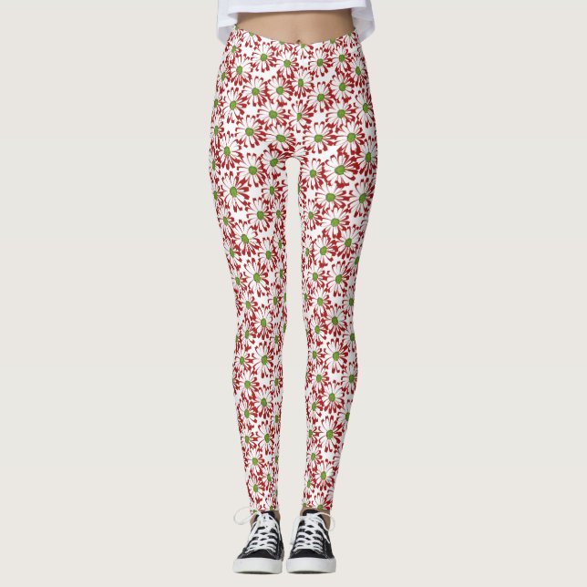 Blommönstret Julrött och Grönt Daisy Leggings (Framsida)