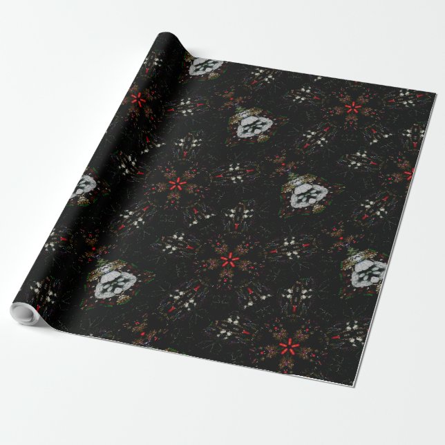 Blommönstret Kaleidoscope Design Black Red Presentpapper (Utrullad)