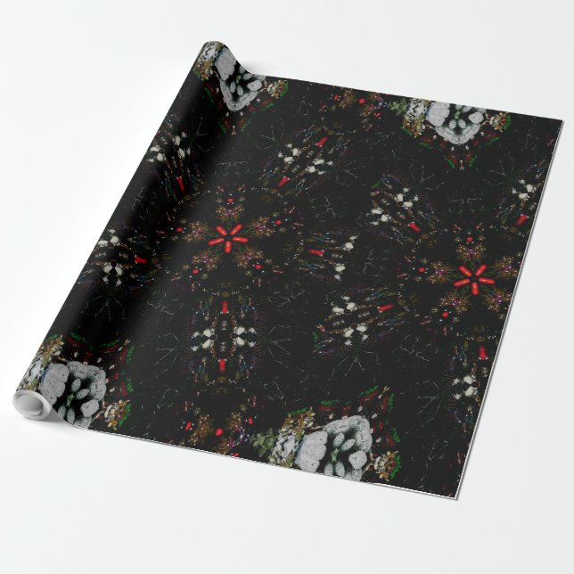 Blommönstret Kaleidoscope Design Black Red Presentpapper (Utrullad)