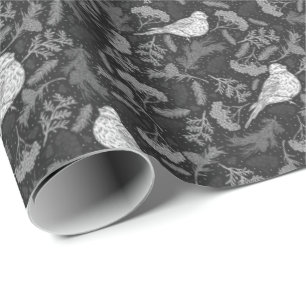Blommönstret Ljus Black and Winter White Birds Presentpapper