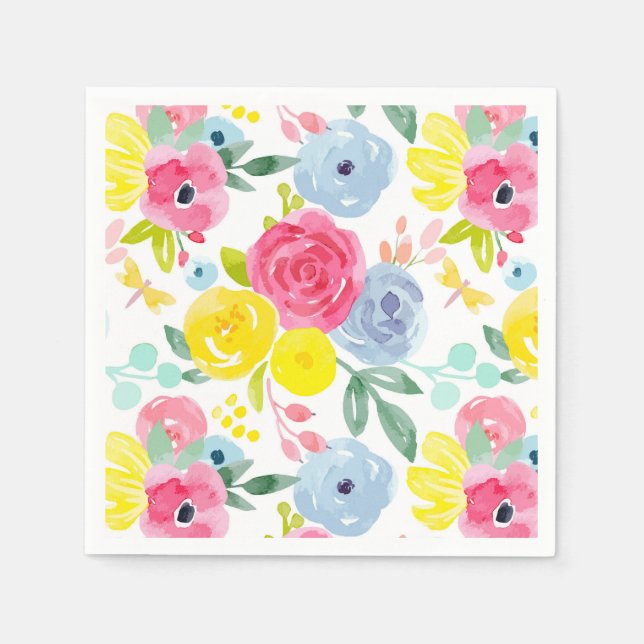 Blommönstret Ljusfärgat vattenfärgat  Pappersservett (Framsidan)
