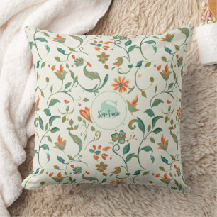 Blommönstret Löv och Orange för vintage med blå Gr Kudde