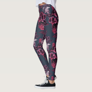 Blommönstret Luxury Snyggt Navy Blue Burgundy Leggings