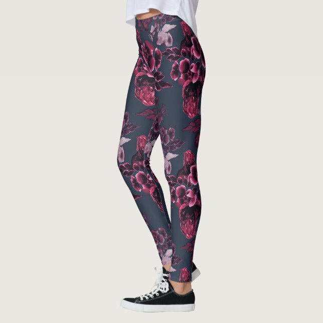 Blommönstret Luxury Snyggt Navy Blue Burgundy Leggings (Vänster)