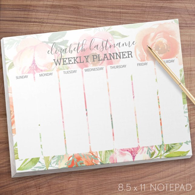 Blommönstret Målat vattenfärg Veckofärgsplanering Anteckningsblock (Weekly Planner Notepad - Personalized)