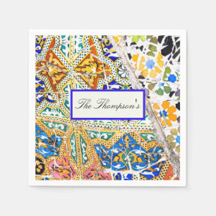 Blommönstret Marocko Mosaic Blue Orange Black Pappersservett