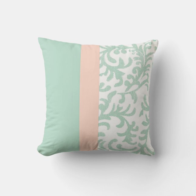 Blommönstret Mint Grönt och Peach Rosa Kudde (Framsida)