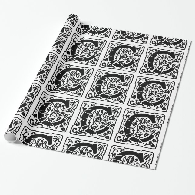 Blommönstret Monogram C Initial Black and White Presentpapper (Utrullad)