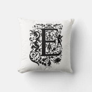 Blommönstret Monogram E, svart och vitt Kudde