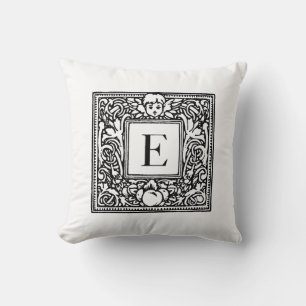 Blommönstret Monogram E, svart och vitt Kudde