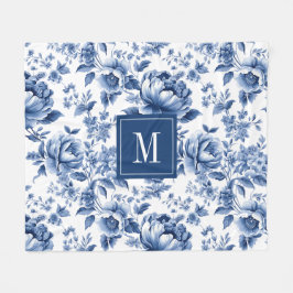 Blommönstret Monogram Elegant Vintage Blue Fleecefilt
