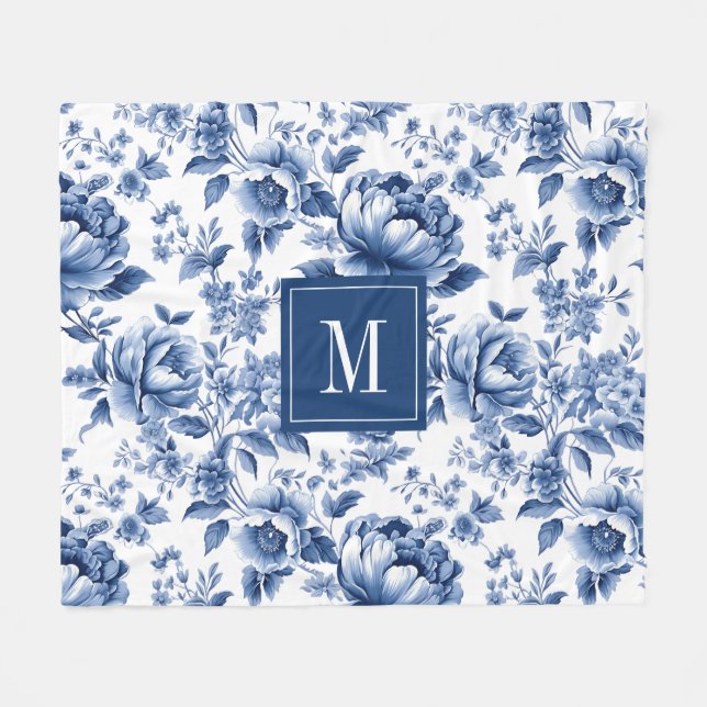 Blommönstret Monogram Elegant Vintage Blue Fleecefilt (Framsidan (Horisontell))