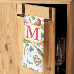 Blommönstret Monogram färglös Vintage Fåglar Kökshandduk