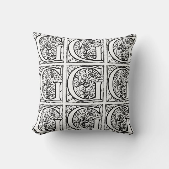 Blommönstret Monogram G initial Black and White Kudde (Framsida)
