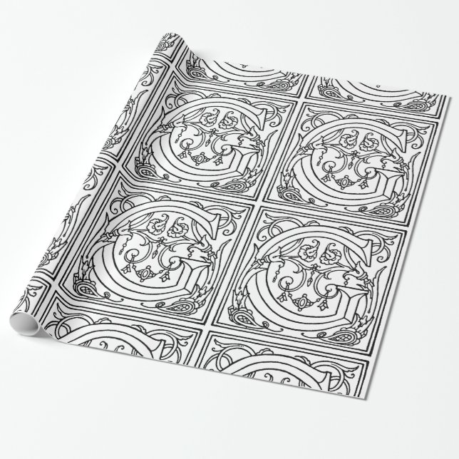 Blommönstret Monogram G initial Black and White Presentpapper (Utrullad)