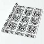 Blommönstret Monogram G initial Black and White Presentpapper<br><div class="desc">Papper omslutning av Monogram G-Blommönstret för inledande svartvitt kan anpassas med en bild,  namn,  text,  logotyp eller foto. Byt vit bakgrund till en blå nyans,  grönt,  gult,  orange,  rosa,  röd,  brun och lila. Underbar för att stänga jul-,  födelsedag-,  babydusch- eller bröllopsgåvor.</div>