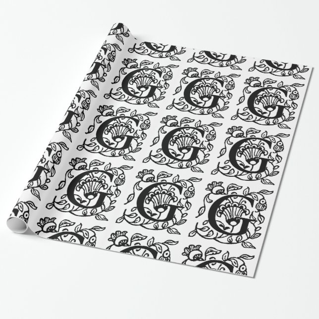 Blommönstret Monogram G initial Black and White Presentpapper (Utrullad)