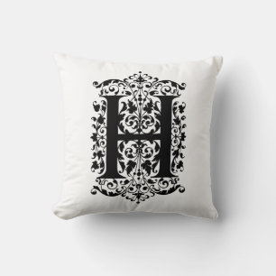 Blommönstret Monogram H Initial Black and White Kudde