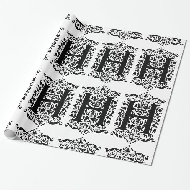 Blommönstret Monogram H Initial Black and White Presentpapper (Utrullad)