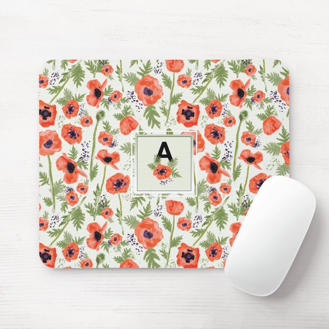 Blommönstret Monogram Orange Poppies Musmatta (Monogram Orange Poppies Floral Pattern Mouse Pad from Studio Posies. )