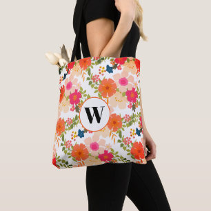 Blommönstret Monogram Orange Tote Tygkasse