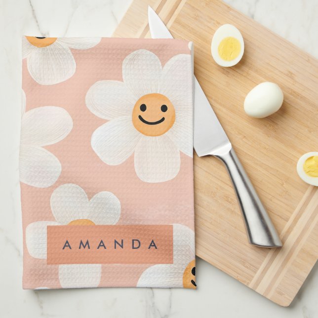 Blommönstret Monogram Personlig Smile Daisy Kökshandduk (Vikt i Fjärdedel)