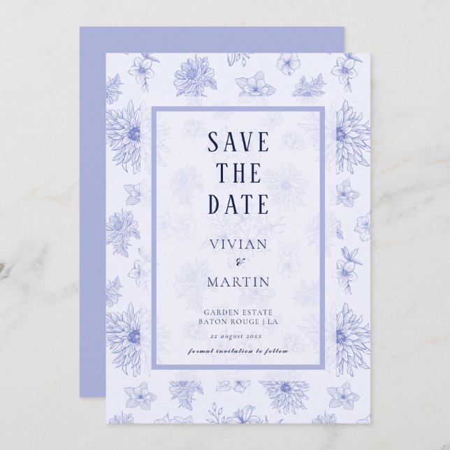 blommönstret neutralt blå skugga Spara datum Inbjudningar (Fram/baksida)