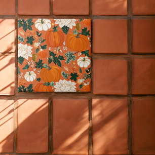 Blommönstret orange Boho Pumpkin Autumn Kakelplatta
