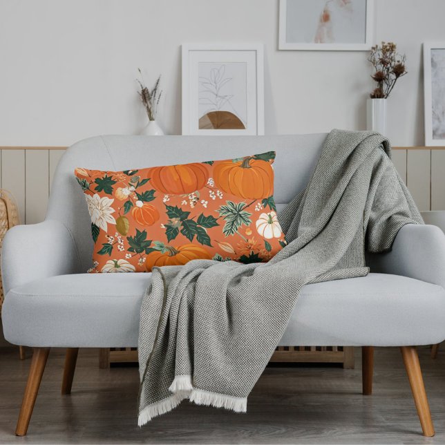 Blommönstret orange Boho Pumpkin Autumn Lumbarkudde (Skapare uppladdad)