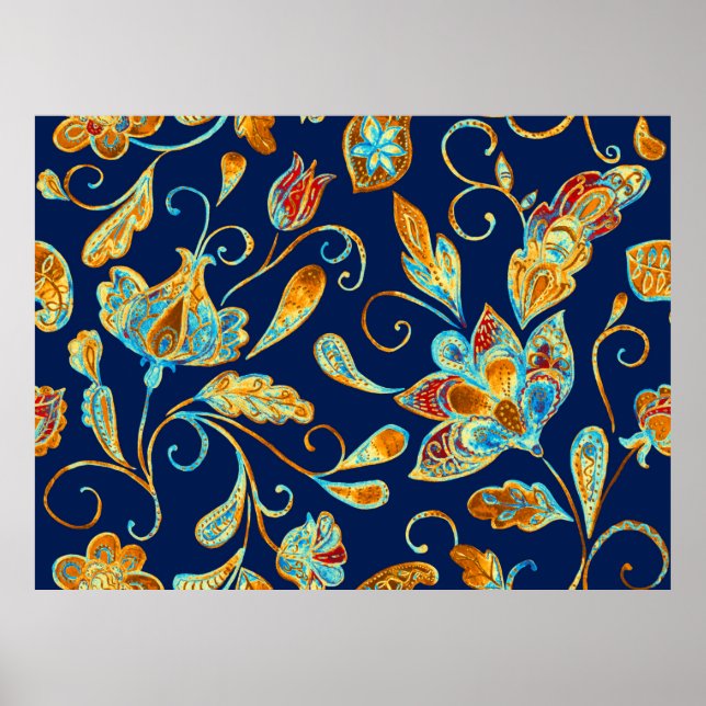 Blommönstret Paisley vattenfärg: blommor, f Poster (Framsidan)