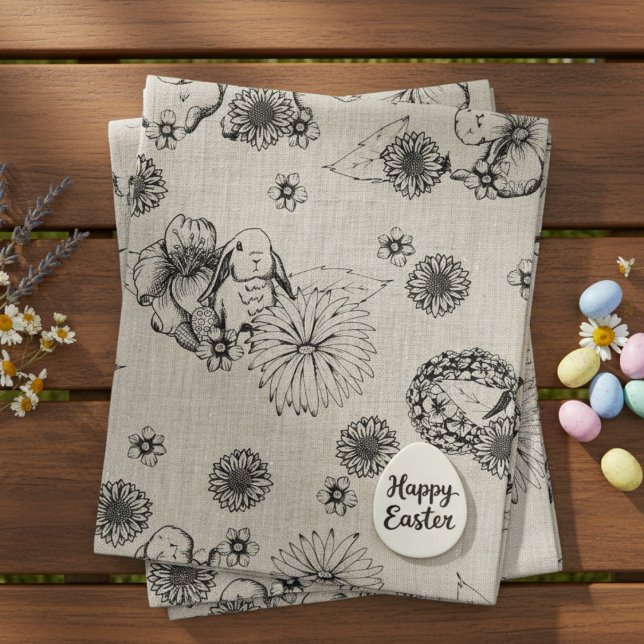 Blommönstret påsk Fabric Bunny Vår Tyg (Cute Floral Easter Bunnies & Flower Linen Fabric for Easter Egg Hunt or Spring Kids Birthday Parties)