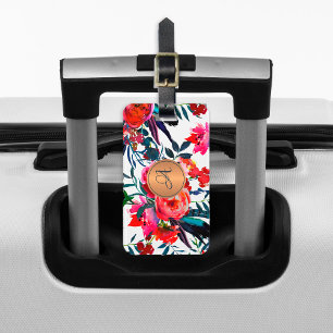 Blommönstret Red Navy Watercolor Copper Monogram Bagagebricka