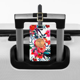 Blommönstret Red Navy Watercolor Copper Monogram Bagagebricka