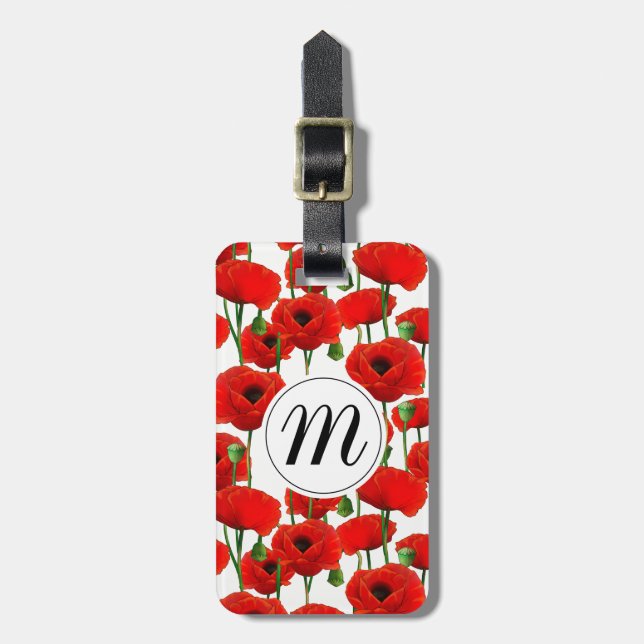 Blommönstret Red Poppies och Monogram Bagagebricka (Vertikal Framsida)