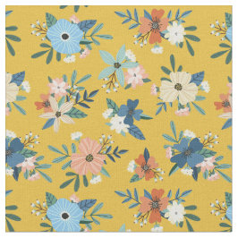 Blommönstret Retro Flowers Gult Blue Tyg