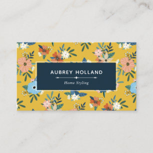 Blommönstret Retro Flowers Gult Blue Visitkort