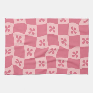 Blommönstret Retro Rosa Checkated Kökshandduk
