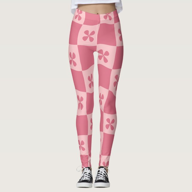 Blommönstret Retro Rosa Checkated Leggings (Framsida)