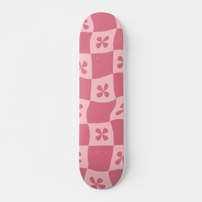 Blommönstret Retro Rosa Checkated Mini Skateboard Bräda 18,5 Cm (Framsida)