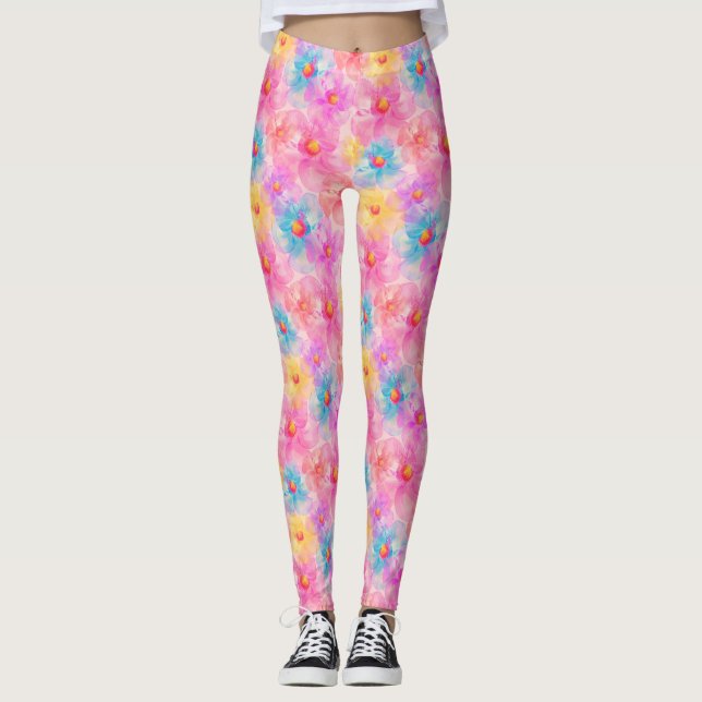 Blommönstret Retro Watercolor Leggings (Framsida)