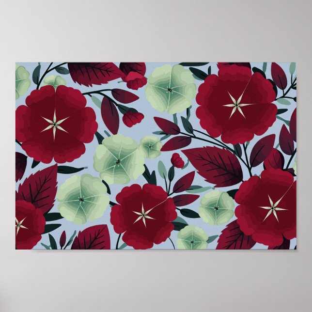 Blommönstret Röd och Grönt med Löv Poster (Framsidan)