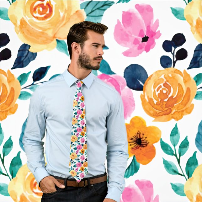 Blommönstret Röd, Rosa och Orange vattenfärg Slips (Man wears colorful floral pattern necktie. Background matches tie.)