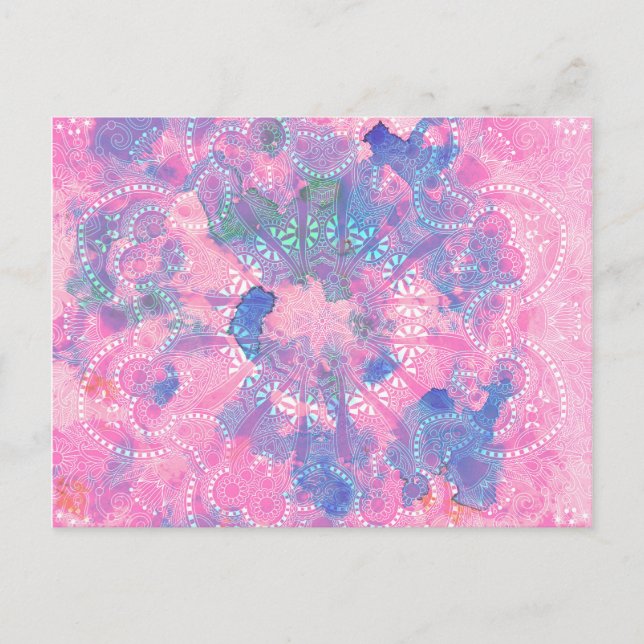 Blommönstret rosa Blue Mandala Watercolor Vykort (Framsida)