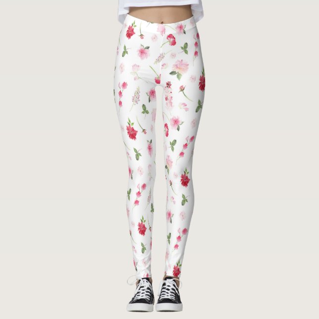 Blommönstret Rosa Vit vattenfärg Leggings (Framsida)