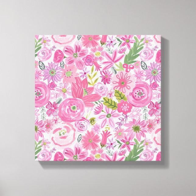 Blommönstret Rosa Watercolor Canvastryck (Framsida)