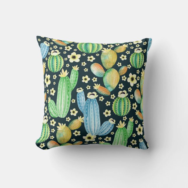 Blommönstret Succulents Watercolor Cactus Kudde (Framsida)